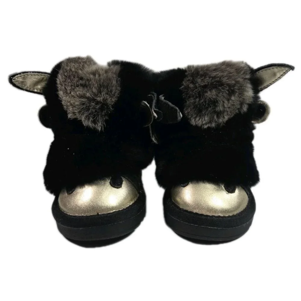 Ozwear Ugg Girls Zip Donkey Boots Gold Black Fuzzy Boots, Toddlers Sz 5 / 6 - Picture 1 of 8